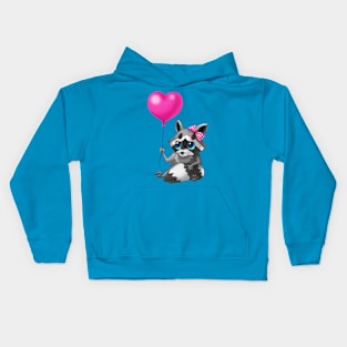 Little Raccoon with a love balloon and a bow on her head Kids Hoodie